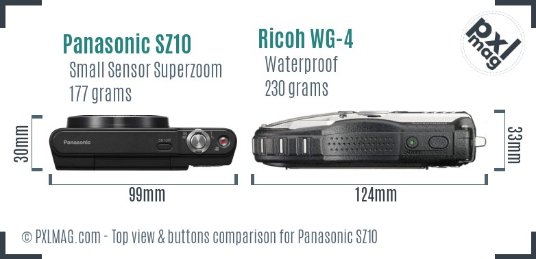 Panasonic SZ10 vs Ricoh WG-4 top view buttons comparison