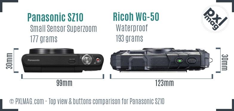 Panasonic SZ10 vs Ricoh WG-50 top view buttons comparison