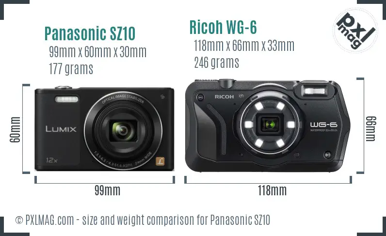 Panasonic SZ10 vs Ricoh WG-6 size comparison