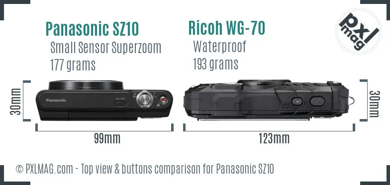 Panasonic SZ10 vs Ricoh WG-70 top view buttons comparison Panasonic SZ10 vs Ricoh WG-70 top view buttons comparison