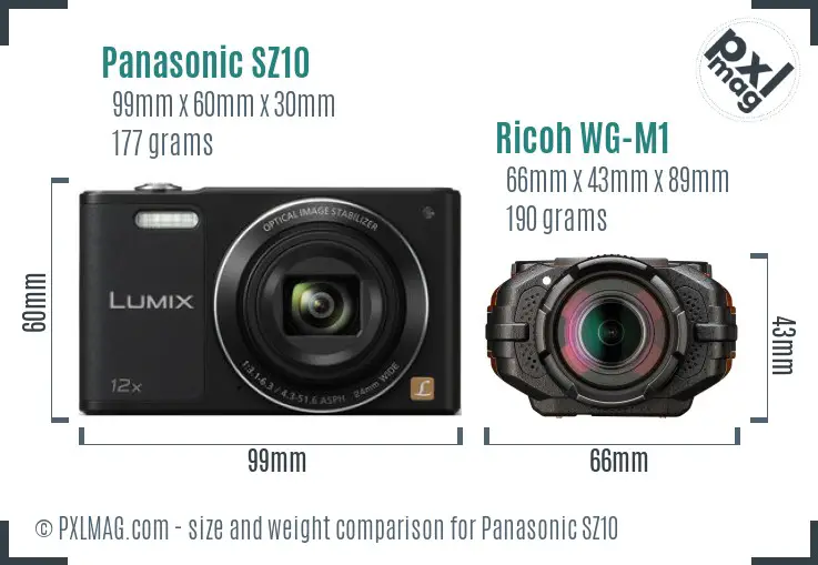 Panasonic SZ10 vs Ricoh WG-M1 size comparison Panasonic SZ10 vs Ricoh WG-M1 size comparison