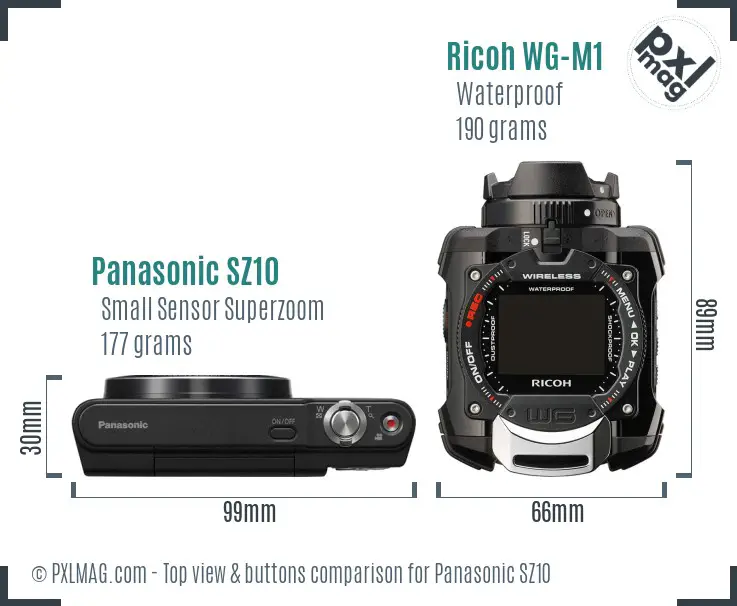Panasonic SZ10 vs Ricoh WG-M1 top view buttons comparison Panasonic SZ10 vs Ricoh WG-M1 top view buttons comparison