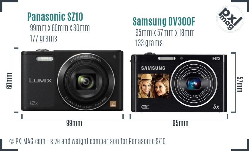 Panasonic SZ10 vs Samsung DV300F size comparison