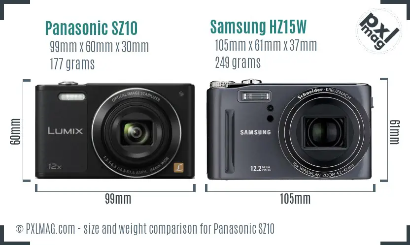 Panasonic SZ10 vs Samsung HZ15W size comparison