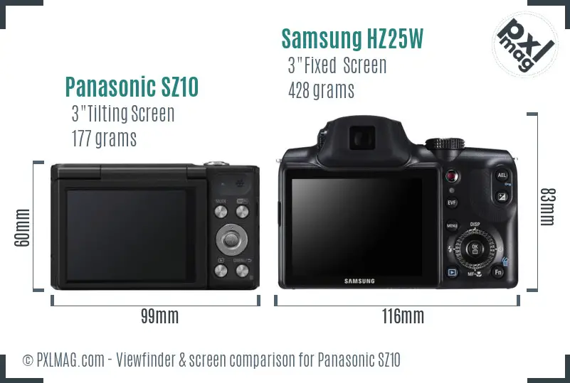 Panasonic SZ10 vs Samsung HZ25W Screen and Viewfinder comparison