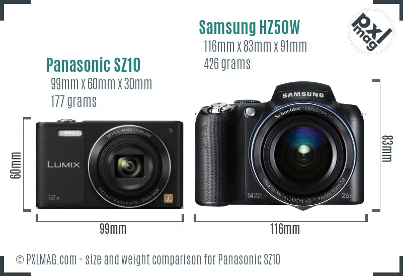 Panasonic SZ10 vs Samsung HZ50W size comparison