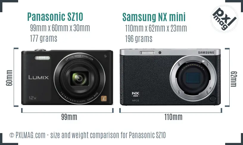 Panasonic SZ10 vs Samsung NX mini size comparison