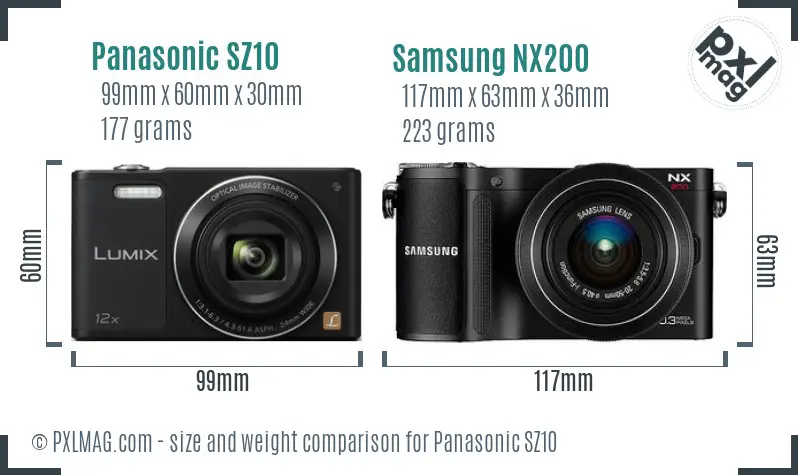 Panasonic SZ10 vs Samsung NX200 size comparison