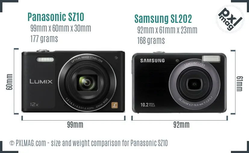 Panasonic SZ10 vs Samsung SL202 size comparison