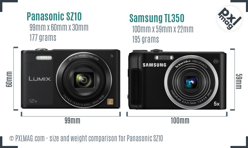 Panasonic SZ10 vs Samsung TL350 size comparison