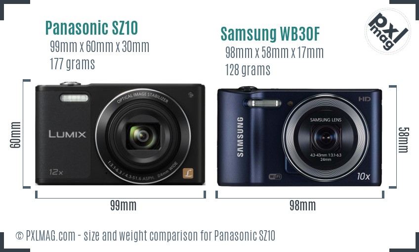 Panasonic SZ10 vs Samsung WB30F size comparison