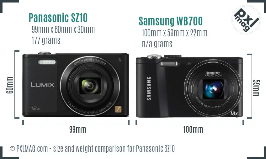 Panasonic SZ10 vs Samsung WB700 size comparison