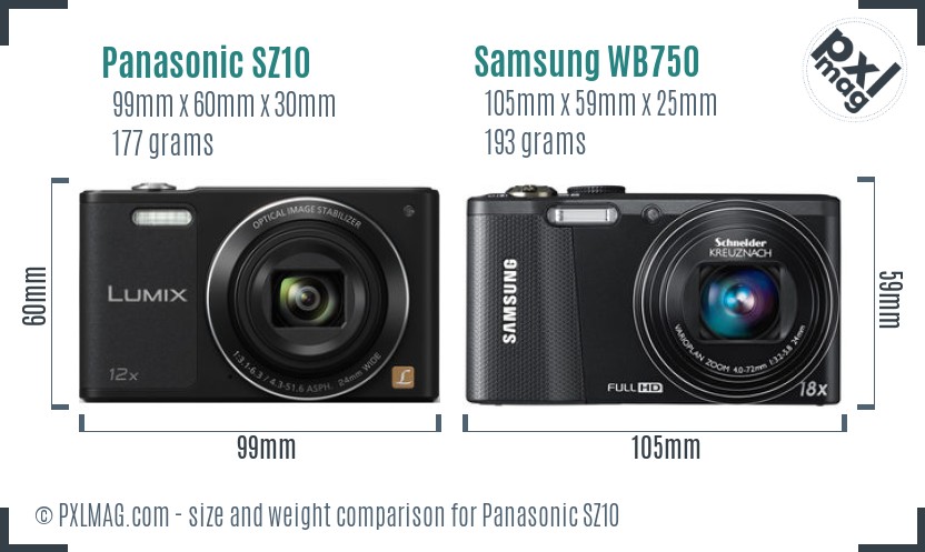 Panasonic SZ10 vs Samsung WB750 size comparison