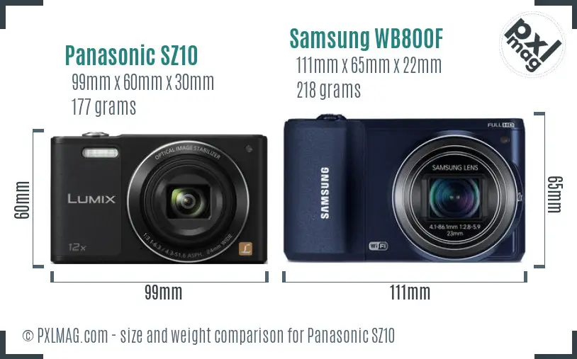 Panasonic SZ10 vs Samsung WB800F size comparison
