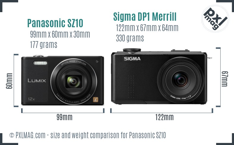 Panasonic SZ10 vs Sigma DP1 Merrill size comparison