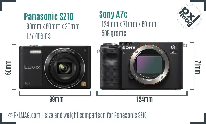 Panasonic SZ10 vs Sony A7c size comparison