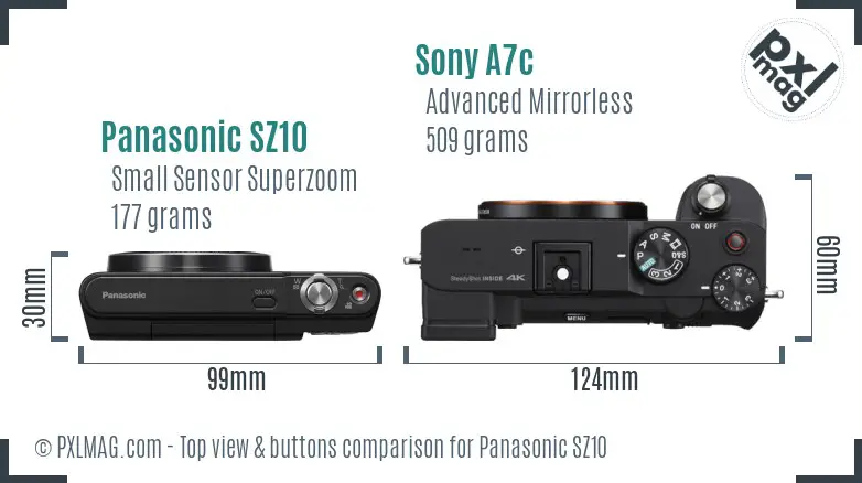 Panasonic SZ10 vs Sony A7c top view buttons comparison