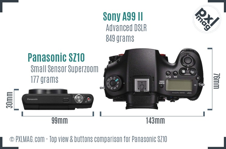 Panasonic SZ10 vs Sony A99 II top view buttons comparison