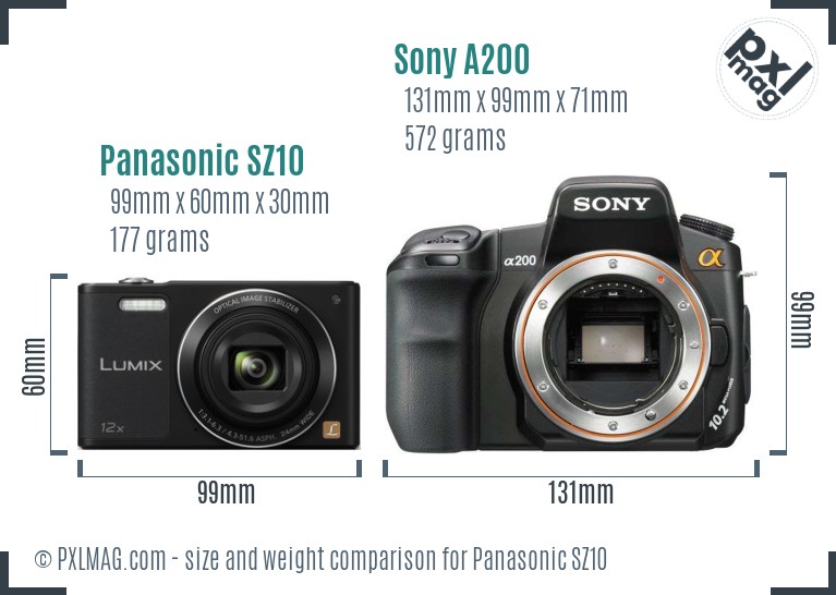 Panasonic SZ10 vs Sony A200 size comparison Panasonic SZ10 vs Sony A200 size comparison