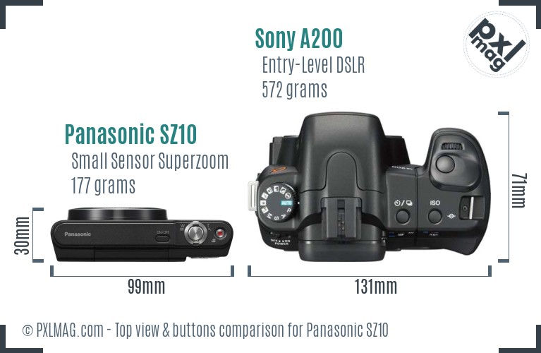 Panasonic SZ10 vs Sony A200 top view buttons comparison