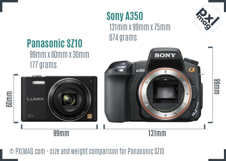 Panasonic SZ10 vs Sony A350 size comparison Panasonic SZ10 vs Sony A350 size comparison