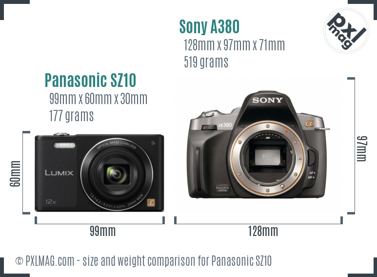 Panasonic SZ10 vs Sony A380 size comparison