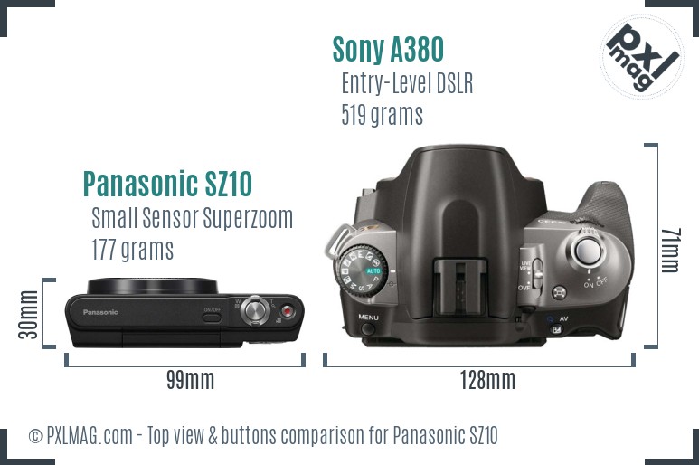 Panasonic SZ10 vs Sony A380 top view buttons comparison