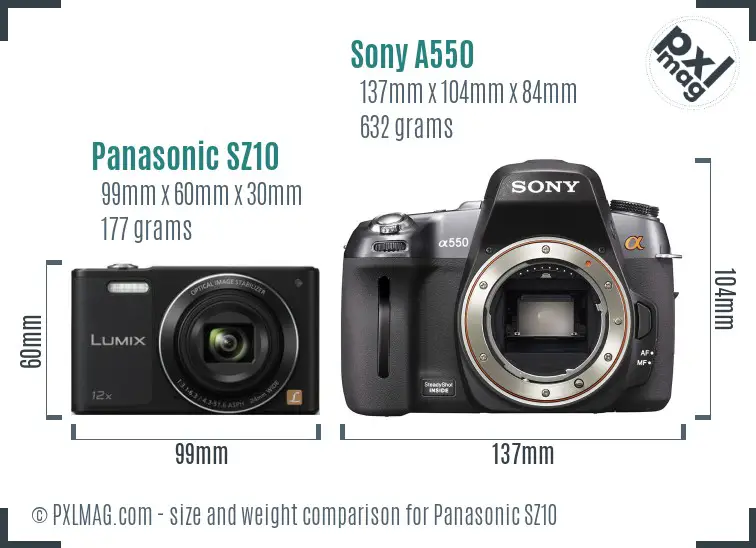 Panasonic SZ10 vs Sony A550 size comparison