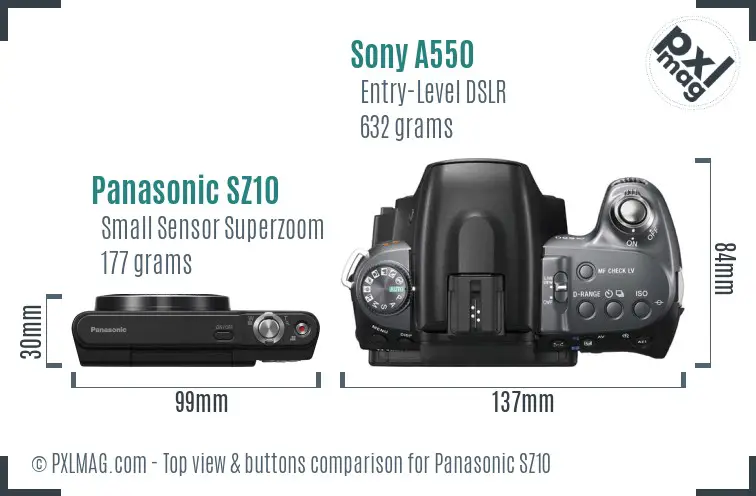 Panasonic SZ10 vs Sony A550 top view buttons comparison