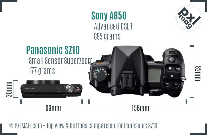 Panasonic SZ10 vs Sony A850 top view buttons comparison Panasonic SZ10 vs Sony A850 top view buttons comparison