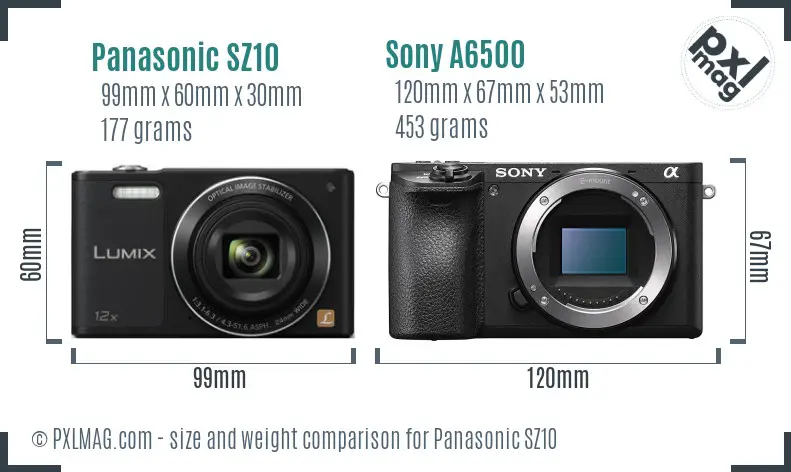 Panasonic SZ10 vs Sony A6500 size comparison