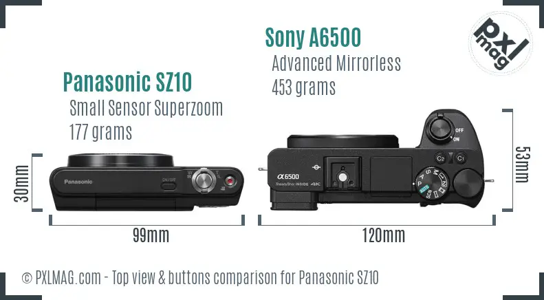 Panasonic SZ10 vs Sony A6500 top view buttons comparison