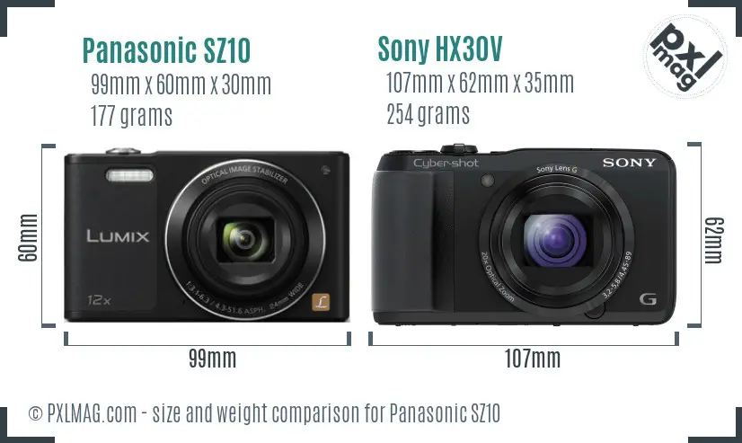Panasonic SZ10 vs Sony HX30V size comparison