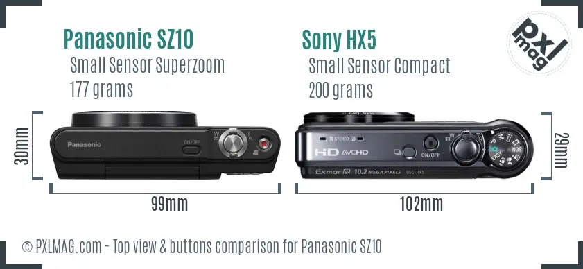 Panasonic SZ10 vs Sony HX5 top view buttons comparison