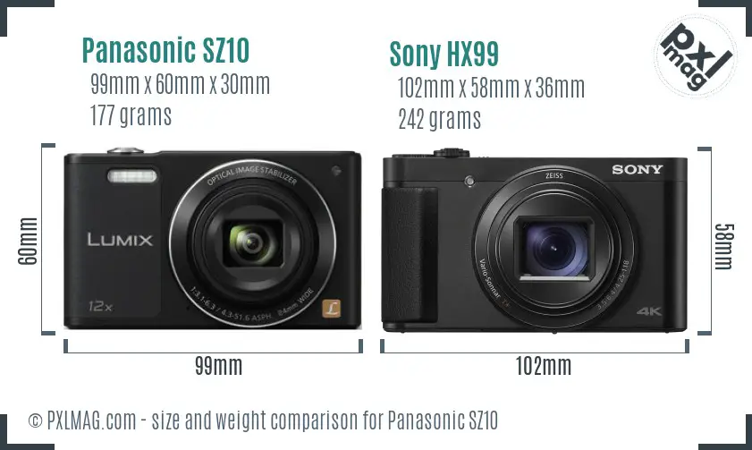 Panasonic SZ10 vs Sony HX99 size comparison