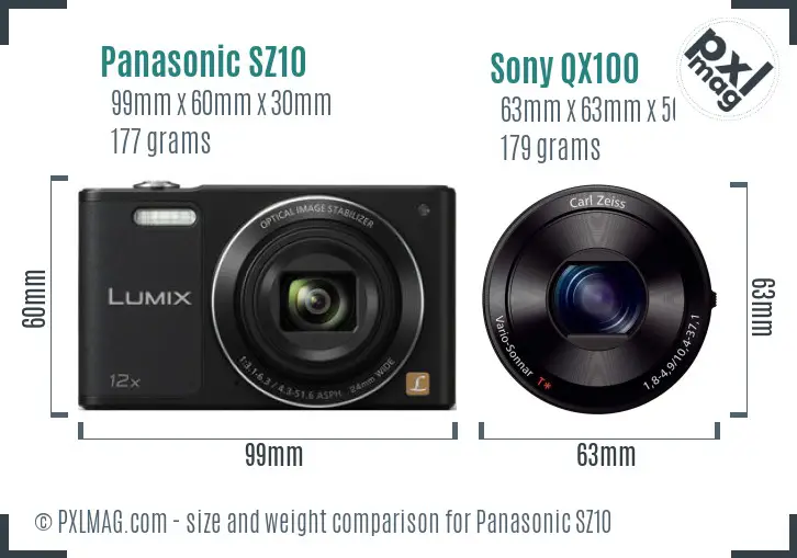 Panasonic SZ10 vs Sony QX100 size comparison