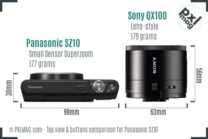 Panasonic SZ10 vs Sony QX100 top view buttons comparison