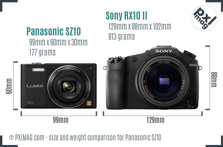 Panasonic SZ10 vs Sony RX10 II size comparison