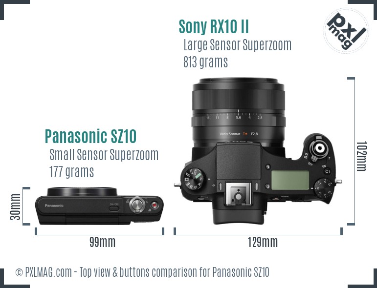 Panasonic SZ10 vs Sony RX10 II top view buttons comparison