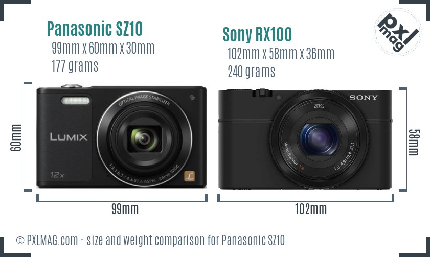 Panasonic SZ10 vs Sony RX100 size comparison