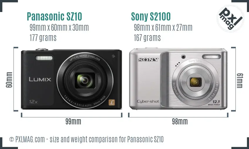 Panasonic SZ10 vs Sony S2100 size comparison