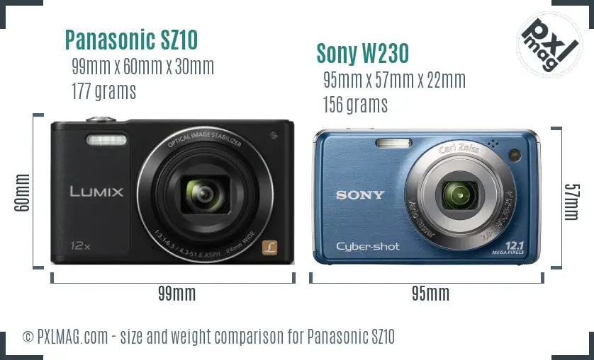 Panasonic SZ10 vs Sony W230 size comparison