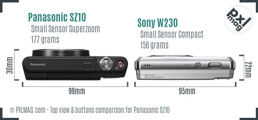 Panasonic SZ10 vs Sony W230 top view buttons comparison