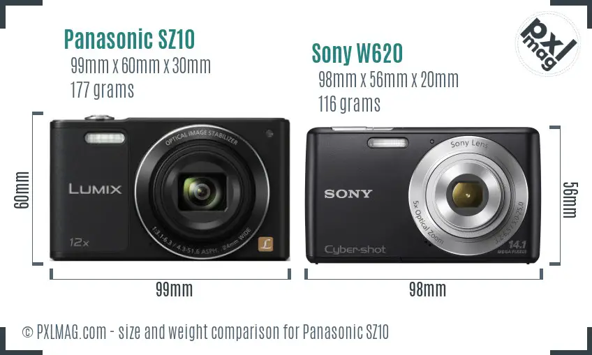 Panasonic SZ10 vs Sony W620 size comparison