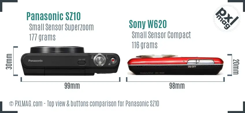 Panasonic SZ10 vs Sony W620 top view buttons comparison
