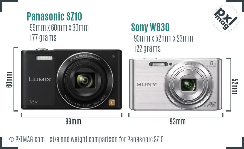 Panasonic SZ10 vs Sony W830 size comparison