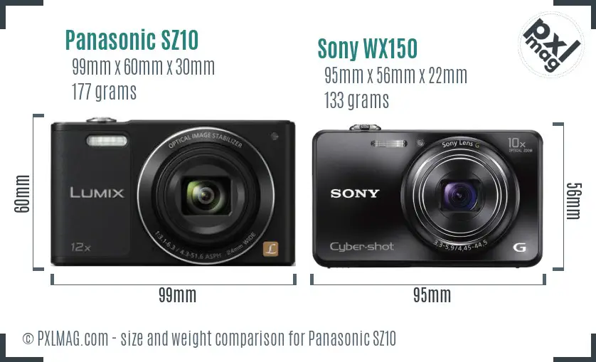 Panasonic SZ10 vs Sony WX150 size comparison