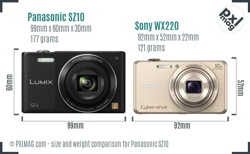 Panasonic SZ10 vs Sony WX220 size comparison