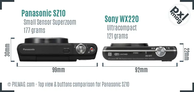 Panasonic SZ10 vs Sony WX220 top view buttons comparison
