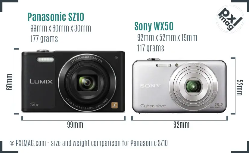 Panasonic SZ10 vs Sony WX50 size comparison